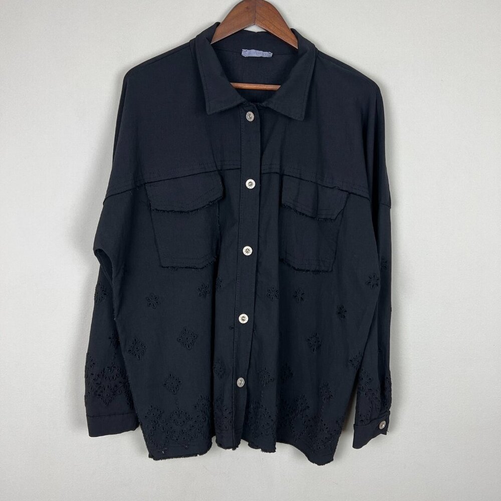 Made In Italy Jacket Topper Womens Large Black Eyelet Button Up Frayed Trim Edgy